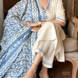 Cream Blue Printed Cotton Kurti Set with Dupatta